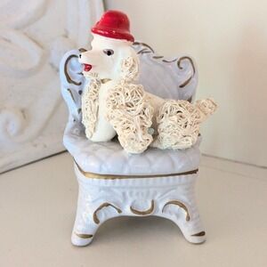 Vintage Spaghetti Poodle on Chair Figurine Red Hat Japan Ceramic Decor‎